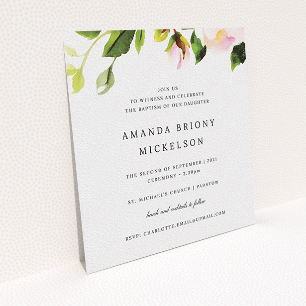 A christening invite template titled "Rose Ceiling". It is a square (148mm x 148mm) invite in a square orientation. "Rose Ceiling" is available as a flat invite, with tones of pink and green.