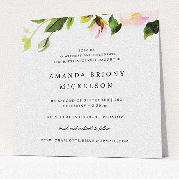 A christening invite template titled "Rose Ceiling". It is a square (148mm x 148mm) invite in a square orientation. "Rose Ceiling" is available as a flat invite, with tones of pink and green.