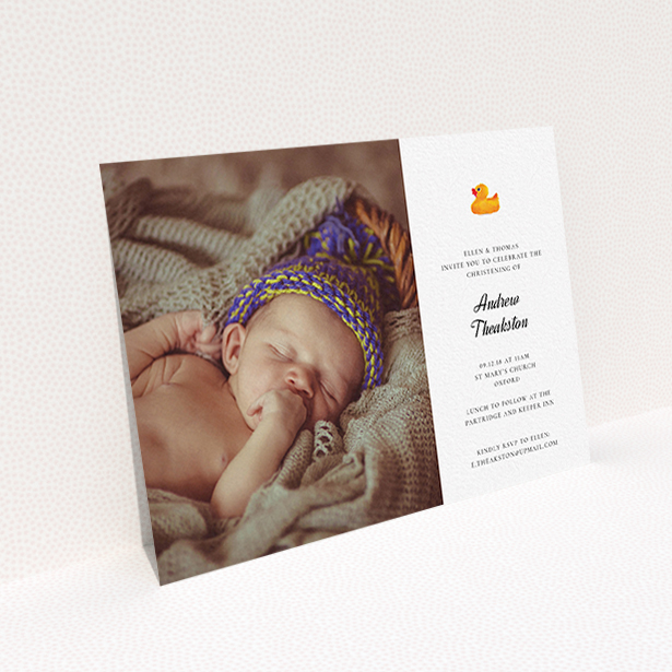 A christening invite called "Rubber Ducky Motif". It is an A6 invite in a landscape orientation. It is a photographic christening invite with room for 1 photo. "Rubber Ducky Motif" is available as a flat invite, with tones of white and orange.