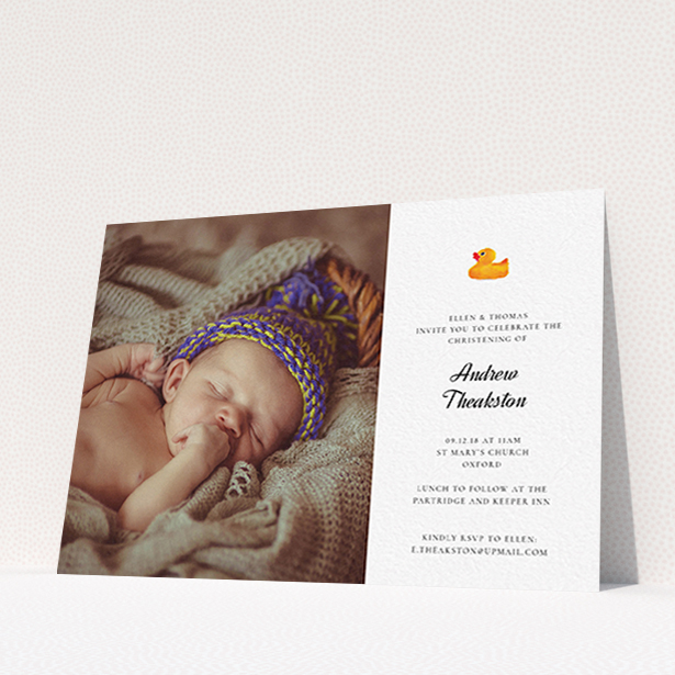 A christening invite called "Rubber Ducky Motif". It is an A6 invite in a landscape orientation. It is a photographic christening invite with room for 1 photo. "Rubber Ducky Motif" is available as a flat invite, with tones of white and orange.