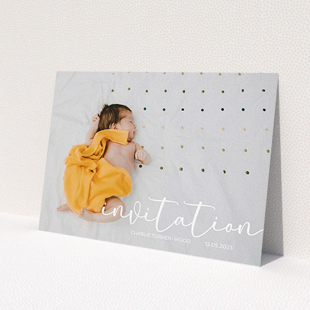 A christening invite template titled 'Salamanca'. It is an A6 invite in a landscape orientation. It is a photographic christening invite with room for 1 photo. 'Salamanca' is available as a flat invite, with mainly white colouring.