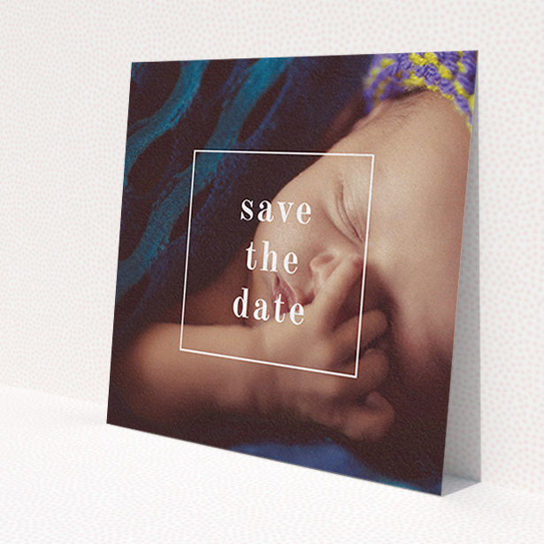 A christening invite design titled 'Say Hello'. It is a square (148mm x 148mm) invite in a square orientation. It is a photographic christening invite with room for 1 photo. 'Say Hello' is available as a flat invite, with mainly white colouring.