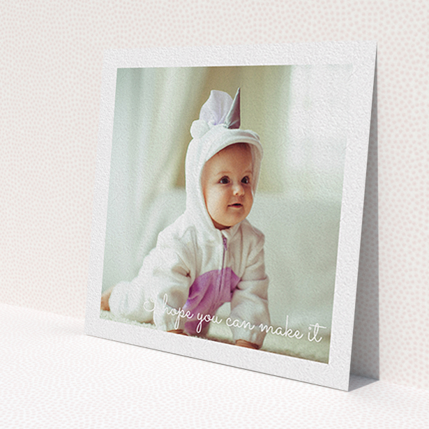 A christening invite template titled 'See you at the font'. It is a square (148mm x 148mm) invite in a square orientation. It is a photographic christening invite with room for 1 photo. 'See you at the font' is available as a flat invite, with mainly white colouring.