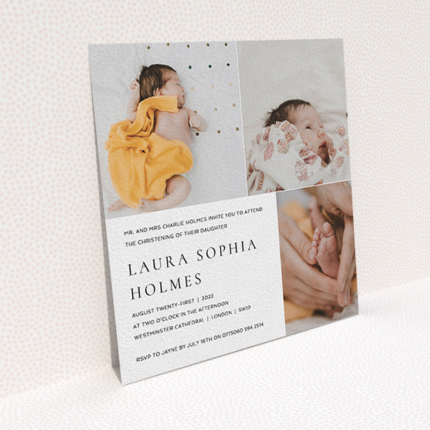 A christening invite design named "Serif". It is a square (148mm x 148mm) invite in a square orientation. It is a photographic christening invite with room for 3 photos. "Serif" is available as a flat invite, with mainly white colouring.