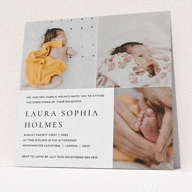 A christening invite design named "Serif". It is a square (148mm x 148mm) invite in a square orientation. It is a photographic christening invite with room for 3 photos. "Serif" is available as a flat invite, with mainly white colouring.