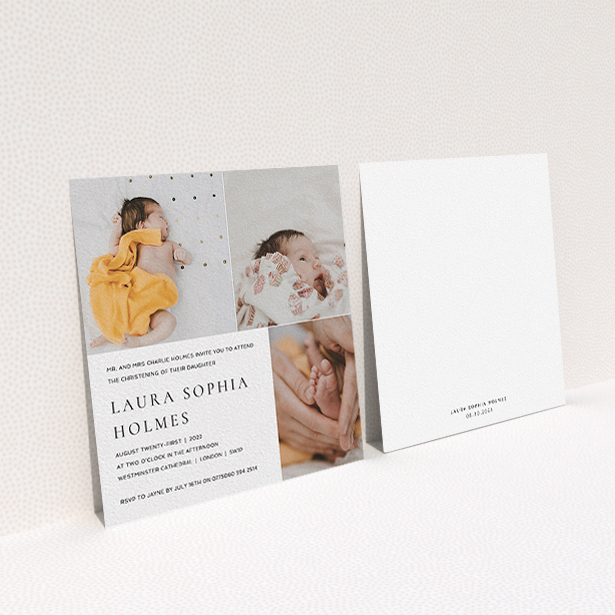 A christening invite design named "Serif". It is a square (148mm x 148mm) invite in a square orientation. It is a photographic christening invite with room for 3 photos. "Serif" is available as a flat invite, with mainly white colouring.