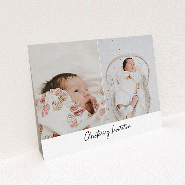 A christening invite design titled "Side By Side Photo". It is an A6 invite in a landscape orientation. It is a photographic christening invite with room for 2 photos. "Side By Side Photo" is available as a flat invite, with mainly white colouring.
