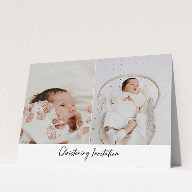 A christening invite design titled "Side By Side Photo". It is an A6 invite in a landscape orientation. It is a photographic christening invite with room for 2 photos. "Side By Side Photo" is available as a flat invite, with mainly white colouring.
