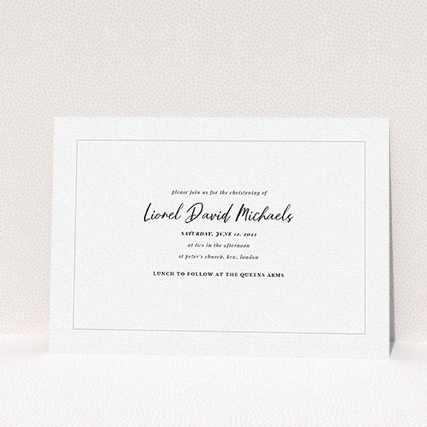 A christening invite design titled "Side By Side Photo". It is an A6 invite in a landscape orientation. It is a photographic christening invite with room for 2 photos. "Side By Side Photo" is available as a flat invite, with mainly white colouring.