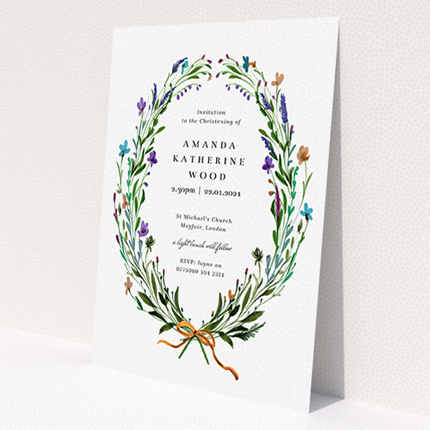 A christening invite design titled 'Spring Wreath'. It is an A6 invite in a portrait orientation. 'Spring Wreath' is available as a flat invite, with tones of green and purple.