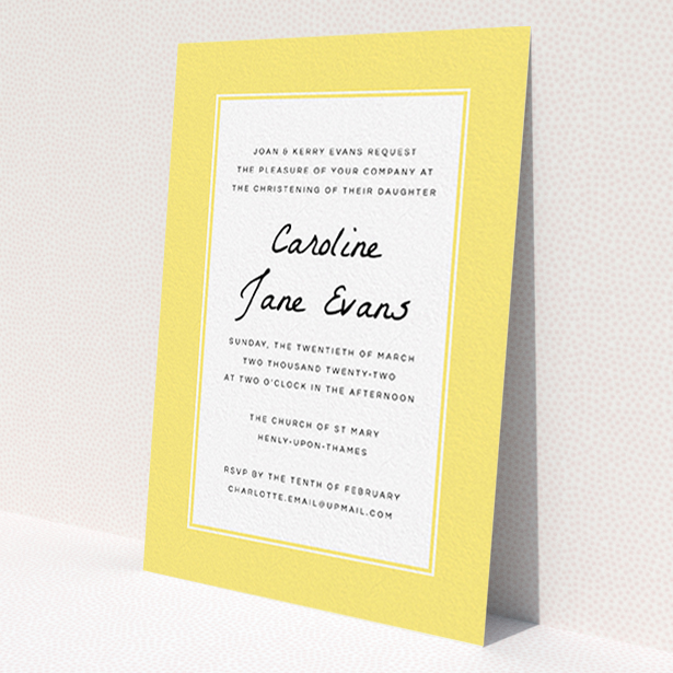 A christening invite design titled 'Sunny Tradition'. It is an A6 invite in a portrait orientation. 'Sunny Tradition' is available as a flat invite, with tones of yellow and white.