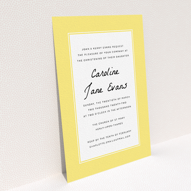 A christening invite design titled "Sunny Tradition". It is an A6 invite in a portrait orientation. "Sunny Tradition" is available as a flat invite, with tones of yellow and white.