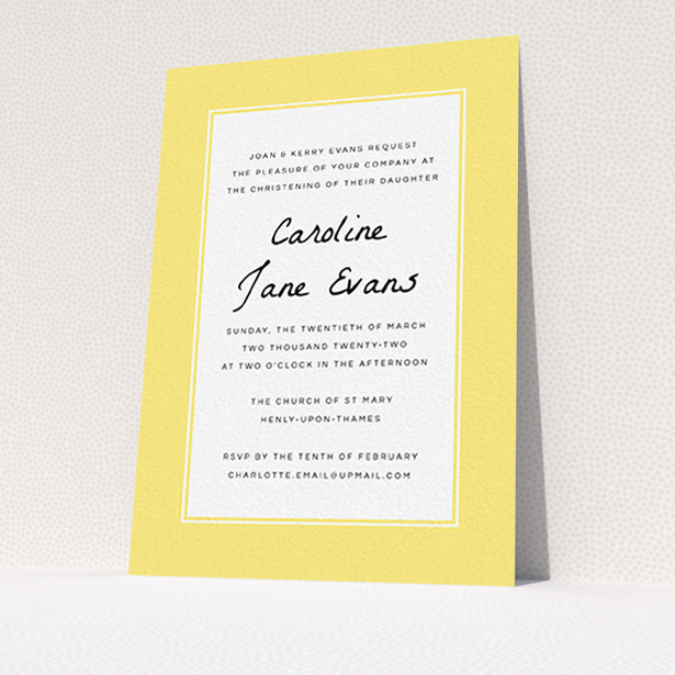 A christening invite design titled "Sunny Tradition". It is an A6 invite in a portrait orientation. "Sunny Tradition" is available as a flat invite, with tones of yellow and white.