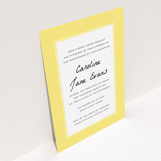 A christening invite design titled "Sunny Tradition". It is an A6 invite in a portrait orientation. "Sunny Tradition" is available as a flat invite, with tones of yellow and white.