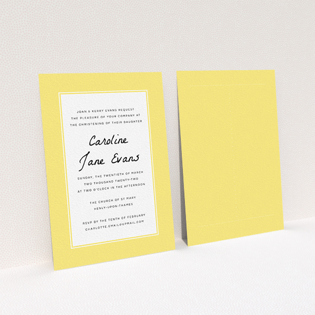 A christening invite design titled "Sunny Tradition". It is an A6 invite in a portrait orientation. "Sunny Tradition" is available as a flat invite, with tones of yellow and white.