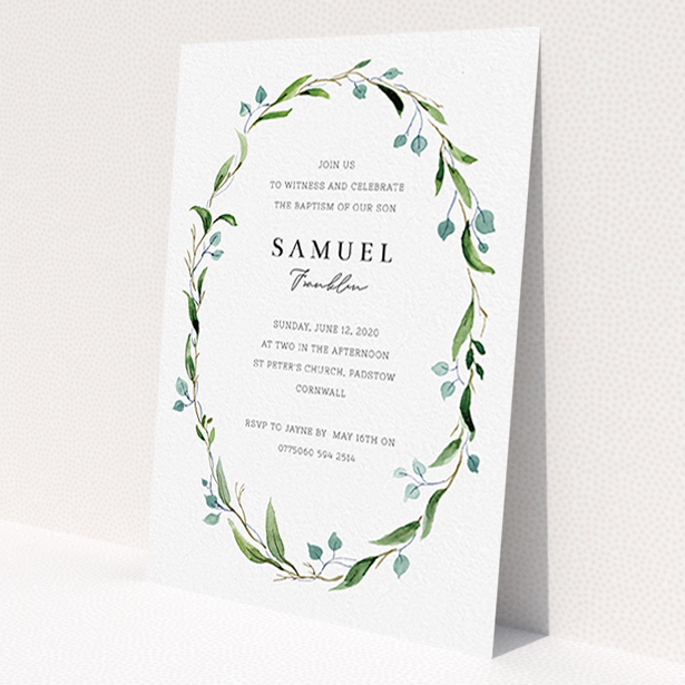 A christening invite template titled 'Thin Wreath'. It is an A6 invite in a portrait orientation. 'Thin Wreath' is available as a flat invite, with tones of blue and green.