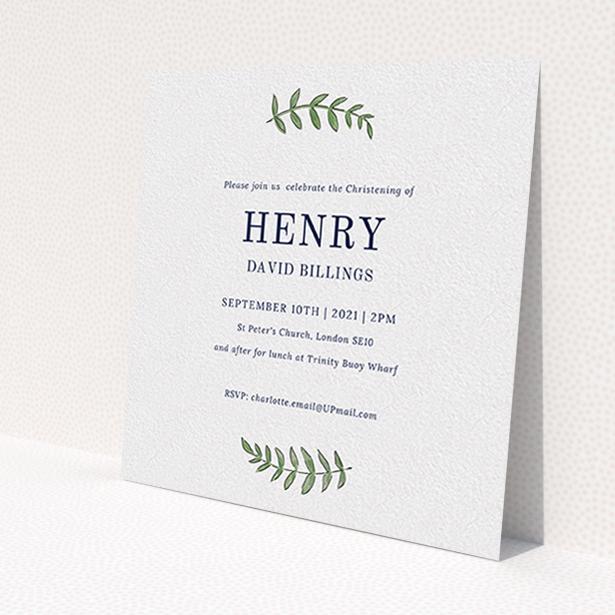 A christening invite named 'Top and Bottom'. It is a square (148mm x 148mm) invite in a square orientation. 'Top and Bottom' is available as a flat invite, with tones of white and green.