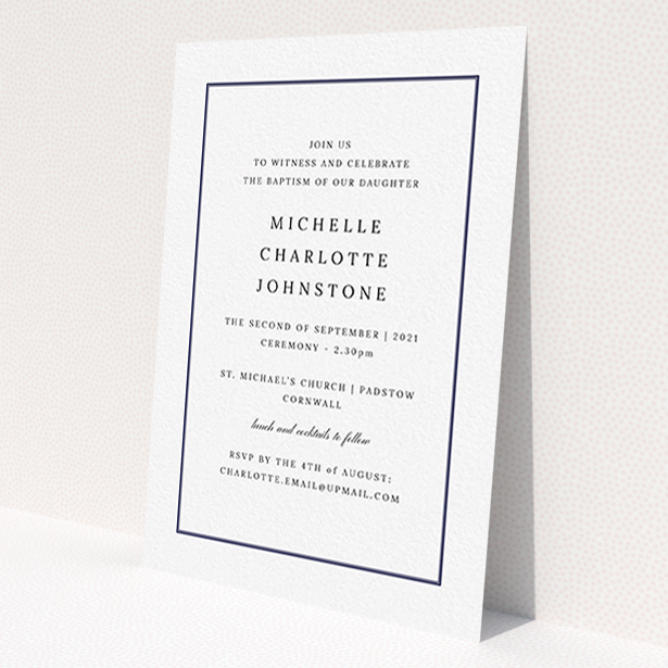 A christening invite template titled 'Tradition'. It is an A6 invite in a portrait orientation. 'Tradition' is available as a flat invite, with tones of white and blue.