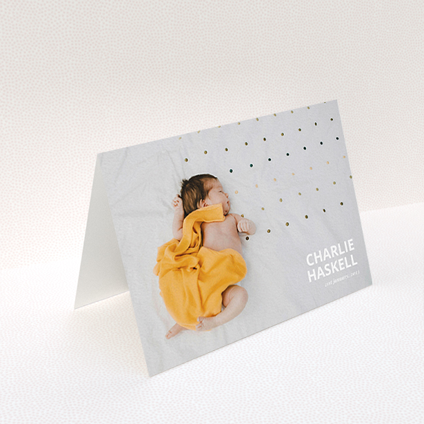 A christening thank you card called "Bold Photo Corner". It is an A6 card in a landscape orientation. It is a photographic christening thank you card with room for 1 photo. "Bold Photo Corner" is available as a folded card, with mainly white colouring.