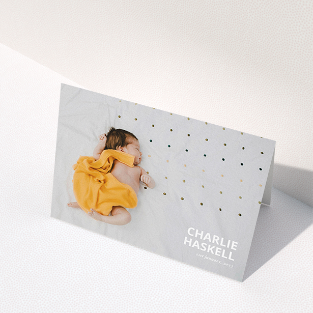 A christening thank you card called "Bold Photo Corner". It is an A6 card in a landscape orientation. It is a photographic christening thank you card with room for 1 photo. "Bold Photo Corner" is available as a folded card, with mainly white colouring.