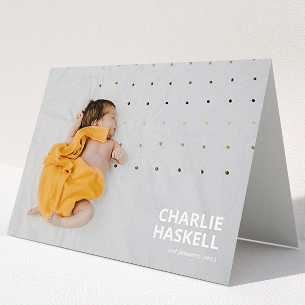 A christening thank you card called "Bold Photo Corner". It is an A6 card in a landscape orientation. It is a photographic christening thank you card with room for 1 photo. "Bold Photo Corner" is available as a folded card, with mainly white colouring.