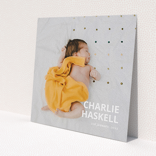 A christening thank you card called 'Bold Photo Corner'. It is a square (148mm x 148mm) card in a square orientation. It is a photographic christening thank you card with room for 1 photo. 'Bold Photo Corner' is available as a flat card, with mainly white colouring.