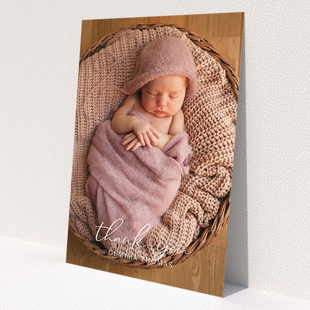 A christening thank you card design called 'Classic Thank You'. It is an A6 card in a portrait orientation. It is a photographic christening thank you card with room for 1 photo. 'Classic Thank You' is available as a flat card, with mainly white colouring.