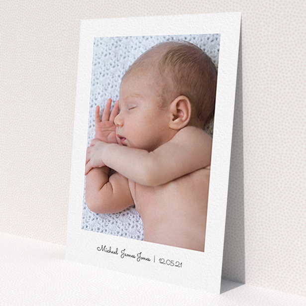 A christening thank you card design named 'Classic Thank You with Photo'. It is an A6 card in a portrait orientation. It is a photographic christening thank you card with room for 1 photo. 'Classic Thank You with Photo' is available as a flat card, with mainly white colouring.