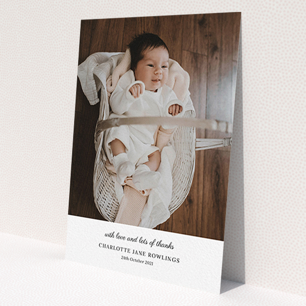 A christening thank you card design titled 'Classic Wedding Thanks'. It is an A6 card in a portrait orientation. It is a photographic christening thank you card with room for 1 photo. 'Classic Wedding Thanks' is available as a flat card, with mainly white colouring.