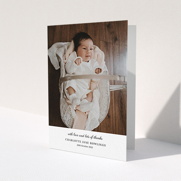 A christening thank you card design titled 'Classic Wedding Thanks'. It is an A6 card in a portrait orientation. It is a photographic christening thank you card with room for 1 photo. 'Classic Wedding Thanks' is available as a folded card, with mainly white colouring.