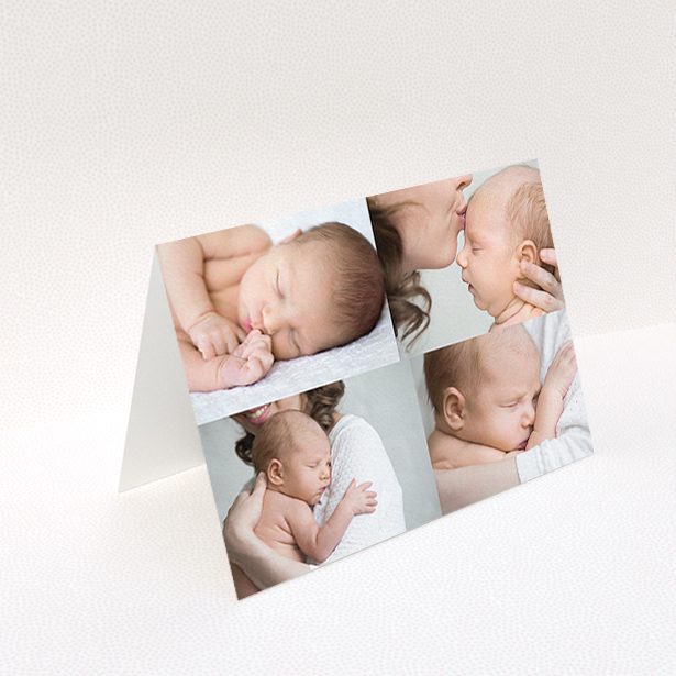A christening thank you card called "No Border Frames". It is an A6 card in a landscape orientation. It is a photographic christening thank you card with room for 3 photos. "No Border Frames" is available as a folded card, with mainly white colouring.