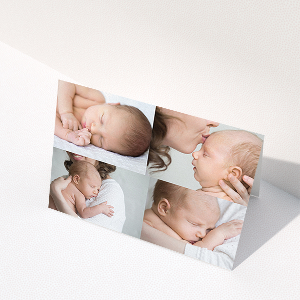 A christening thank you card called "No Border Frames". It is an A6 card in a landscape orientation. It is a photographic christening thank you card with room for 3 photos. "No Border Frames" is available as a folded card, with mainly white colouring.