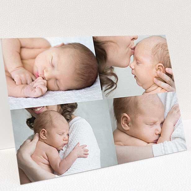 A christening thank you card called "No Border Frames". It is an A6 card in a landscape orientation. It is a photographic christening thank you card with room for 3 photos. "No Border Frames" is available as a folded card, with mainly white colouring.