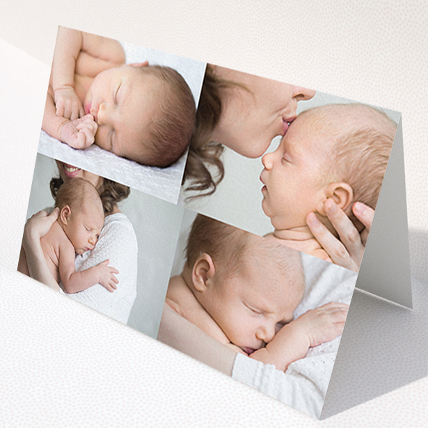 A christening thank you card called "No Border Frames". It is an A6 card in a landscape orientation. It is a photographic christening thank you card with room for 3 photos. "No Border Frames" is available as a folded card, with mainly white colouring.