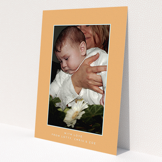 A christening thank you card design named 'Orange and Mint'. It is an A6 card in a portrait orientation. It is a photographic christening thank you card with room for 1 photo. 'Orange and Mint' is available as a flat card, with tones of orange and blue.