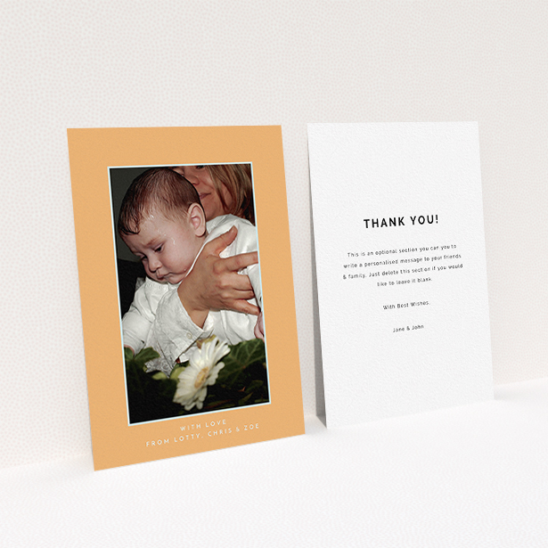 A christening thank you card design named "Orange and Mint". It is an A6 card in a portrait orientation. It is a photographic christening thank you card with room for 1 photo. "Orange and Mint" is available as a flat card, with tones of orange and blue.