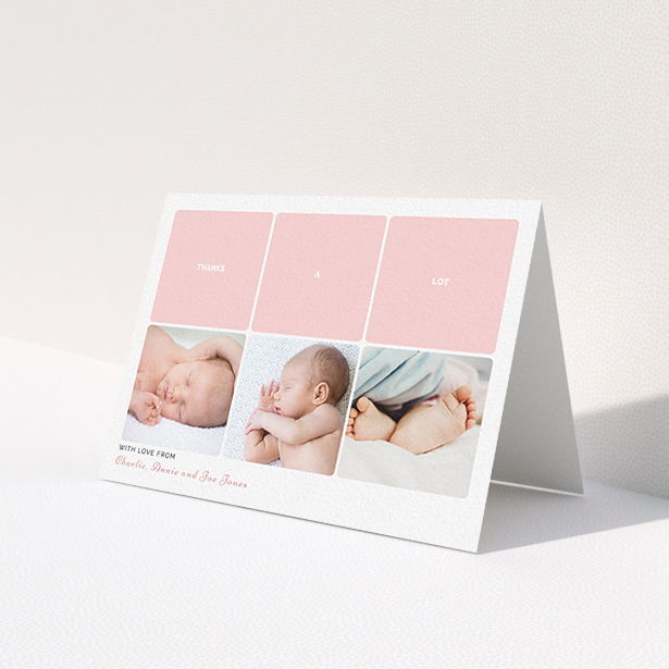 A christening thank you card named 'Our Little One'. It is an A6 card in a landscape orientation. It is a photographic christening thank you card with room for 3 photos. 'Our Little One' is available as a folded card, with tones of pink and white.