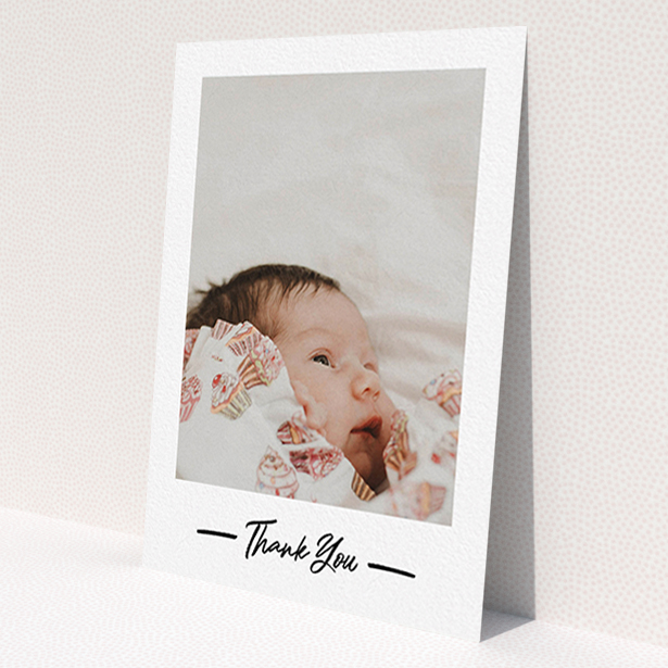 A christening thank you card design called 'Portrait Thank You Photo'. It is an A6 card in a portrait orientation. It is a photographic christening thank you card with room for 1 photo. 'Portrait Thank You Photo' is available as a flat card, with mainly white colouring.