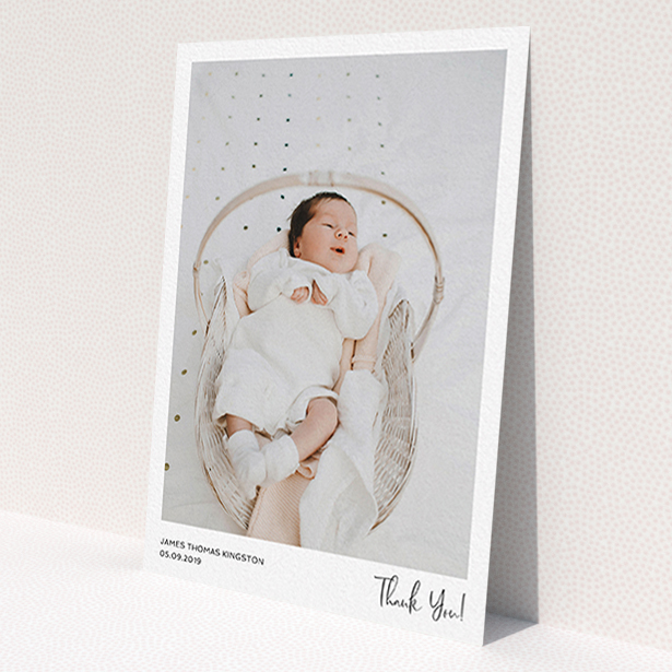 A christening thank you card template titled 'Simple Wedding Thank You'. It is an A6 card in a portrait orientation. It is a photographic christening thank you card with room for 1 photo. 'Simple Wedding Thank You' is available as a flat card, with mainly white colouring.