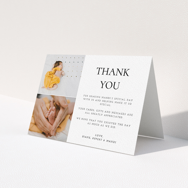 A christening thank you card design titled 'Stacked Frames in Thirds'. It is an A6 card in a landscape orientation. It is a photographic christening thank you card with room for 2 photos. 'Stacked Frames in Thirds' is available as a folded card, with mainly white colouring.