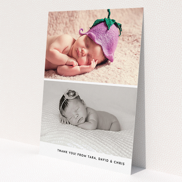 A christening thank you card template titled 'Stacked Landscapes'. It is an A5 card in a portrait orientation. It is a photographic christening thank you card with room for 2 photos. 'Stacked Landscapes' is available as a flat card, with mainly white colouring.