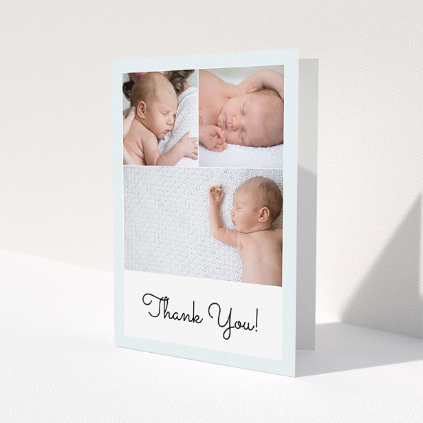A christening thank you card design titled 'Thank You!'. It is an A5 card in a portrait orientation. It is a photographic christening thank you card with room for 3 photos. 'Thank You!' is available as a folded card, with tones of blue and white.