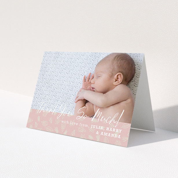 A christening thank you card design named 'Thank You So Much'. It is an A6 card in a landscape orientation. It is a photographic christening thank you card with room for 1 photo. 'Thank You So Much' is available as a folded card, with tones of pink and white.