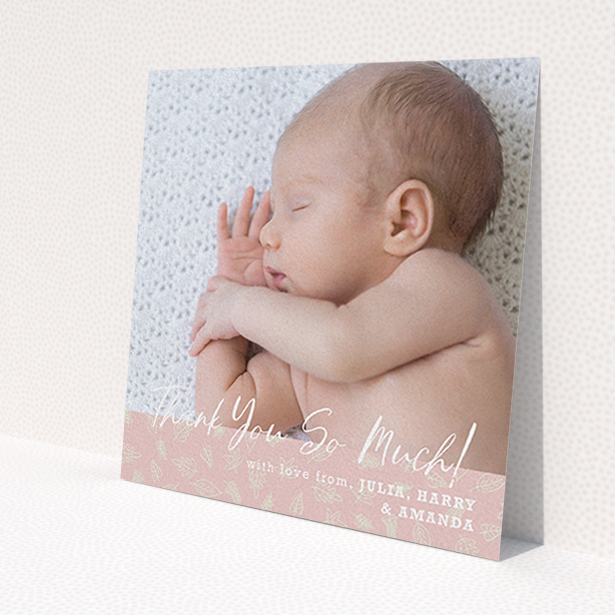 A christening thank you card named 'Thank You So Much'. It is a square (148mm x 148mm) card in a square orientation. It is a photographic christening thank you card with room for 1 photo. 'Thank You So Much' is available as a flat card, with tones of pink and white.