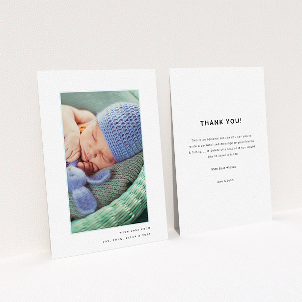 A christening thank you card template titled "Thin Blue Frame". It is an A6 card in a portrait orientation. It is a photographic christening thank you card with room for 1 photo. "Thin Blue Frame" is available as a flat card, with tones of white and blue.
