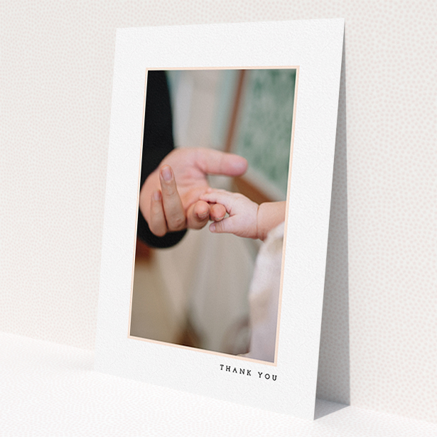 A christening thank you card called 'Thin Pink Frame'. It is an A5 card in a portrait orientation. It is a photographic christening thank you card with room for 1 photo. 'Thin Pink Frame' is available as a flat card, with tones of white and pink.
