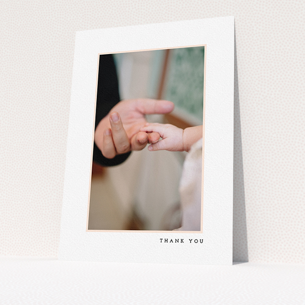 A christening thank you card called "Thin Pink Frame". It is an A5 card in a portrait orientation. It is a photographic christening thank you card with room for 1 photo. "Thin Pink Frame" is available as a flat card, with tones of white and pink.