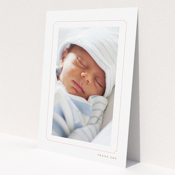 A christening thank you card design named 'Thin Pink'. It is an A5 card in a portrait orientation. It is a photographic christening thank you card with room for 1 photo. 'Thin Pink' is available as a flat card, with tones of white and pink.