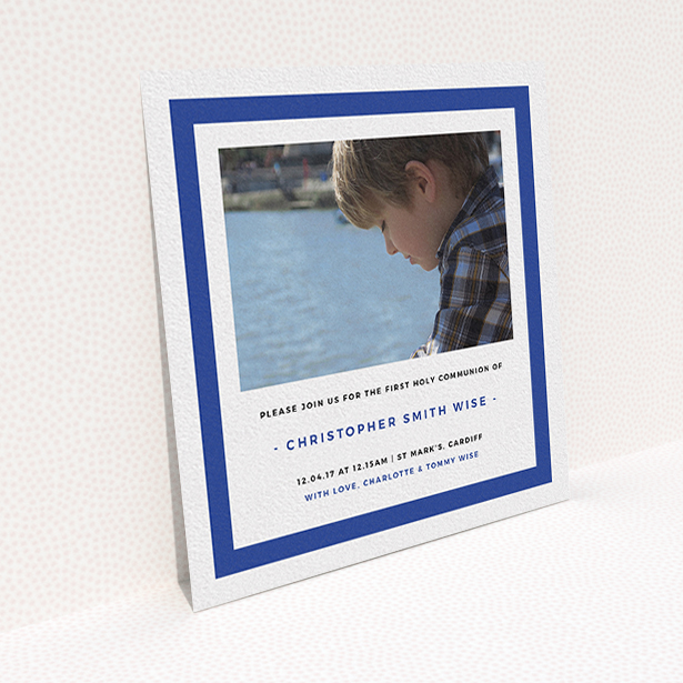 A communion invitation design called "Big Blue". It is a square (148mm x 148mm) invite in a square orientation. It is a photographic communion invitation with room for 1 photo. "Big Blue" is available as a flat invite, with tones of blue and white.