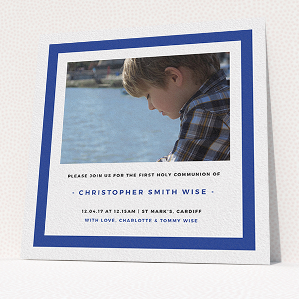 A communion invitation design called "Big Blue". It is a square (148mm x 148mm) invite in a square orientation. It is a photographic communion invitation with room for 1 photo. "Big Blue" is available as a flat invite, with tones of blue and white.